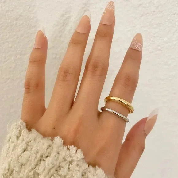 925 Sterling Silver & Gold Two Tone Layer Ring Minimalist Chunky Thick Ring - Picture 5 of 6